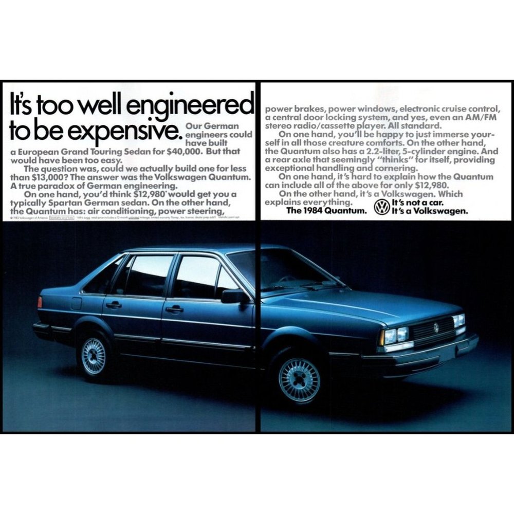 1984 VW Volkswagen Quantum Sedan 2 Page Vintage Print Ad German Car Wall Art 80s